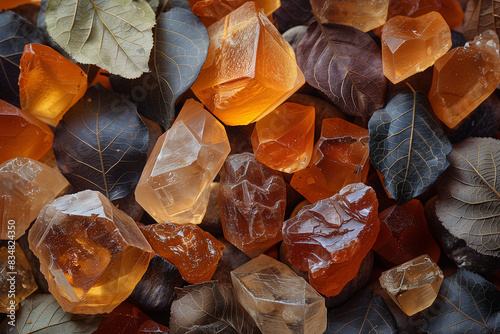 Close-up of amber resin, musk, and patchouli leaves used in perfumery, laid out on a textured surface