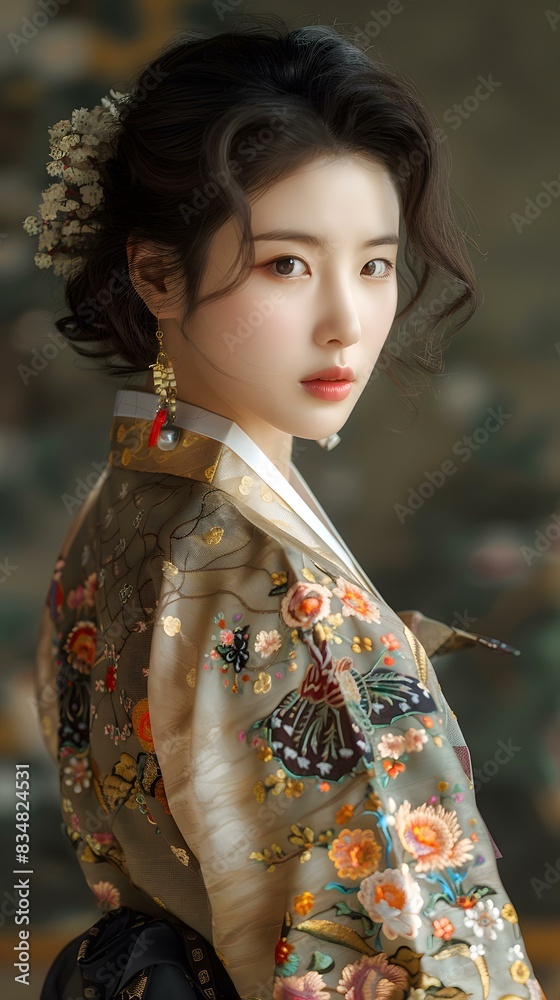 Portrait of a young woman in traditional Korean dress, or Hanbok Portrait of a young woman in traditional Korean dress, or Hanbok
