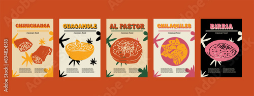 Mexican food set vector illustration. Engraved chimichanga, guacamole, al pastor, chilaquiles, birria, bundle of traditional dishes,  dishes and sauces cooking in cuisine of Mexico