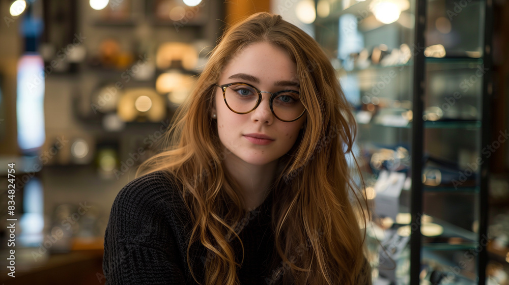 Good looking woman with long hair Try wearing glasses in the eyeglass store Good looking woman with long hair Try wearing glasses in the eyeglass store