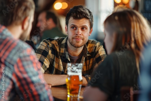 A man sits at a table in a pub  holding a glass of beer in front of him. He is talking with two friends  a man and a woman