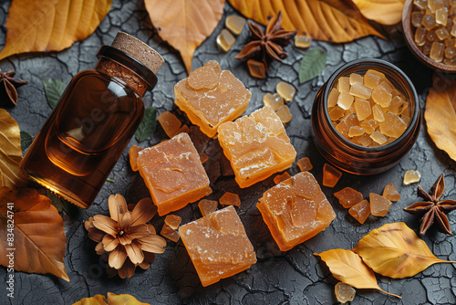 Close-up of amber resin, musk, and patchouli leaves used in perfumery, laid out on a textured surface