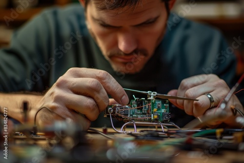 A man meticulously works on assembling a small helicopter, focusing on the intricate internal components like circuit boards and wires