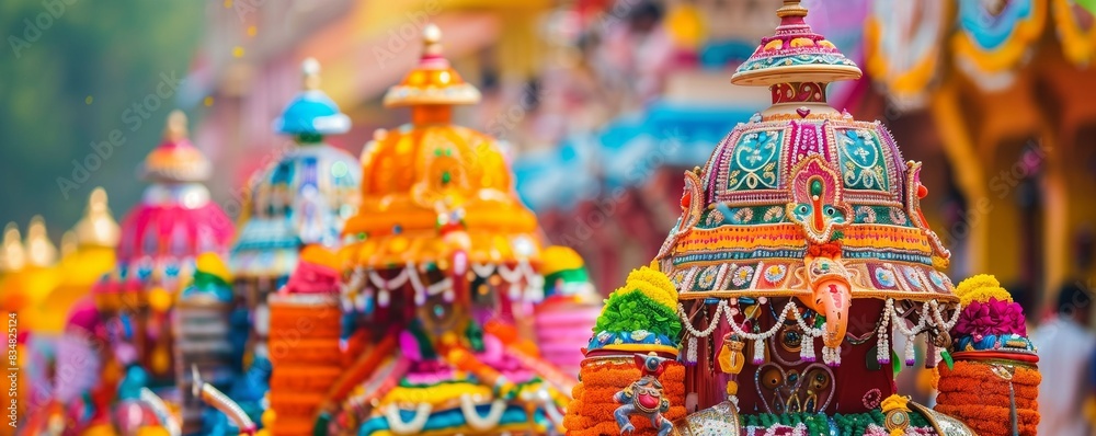 Naklejka premium Ratha Yatra in India. Indian Chariot Festival. The return of Krishna. A beautiful celebration of a religious holiday. Decorated Chariot