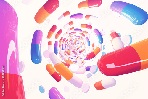 Multicolored capsules and pills spiraling towards the center on a white background photo