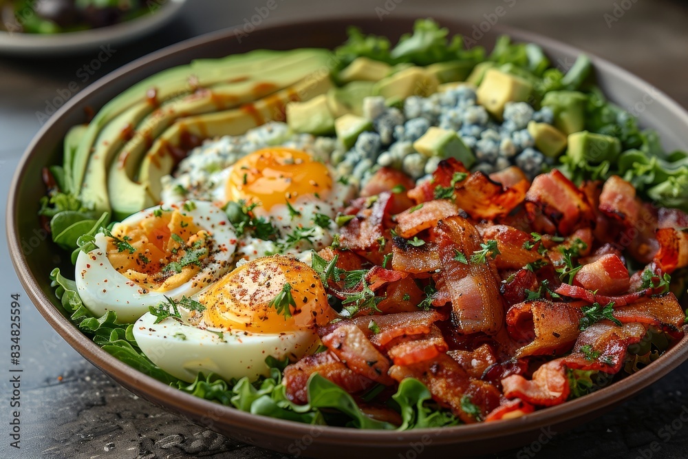 Cobb Salad - Cobb salad with rows of bacon, egg, avocado, and blue cheese. 