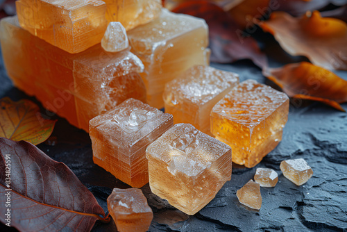 Close-up of amber resin, musk, and patchouli leaves used in perfumery, laid out on a textured surface
