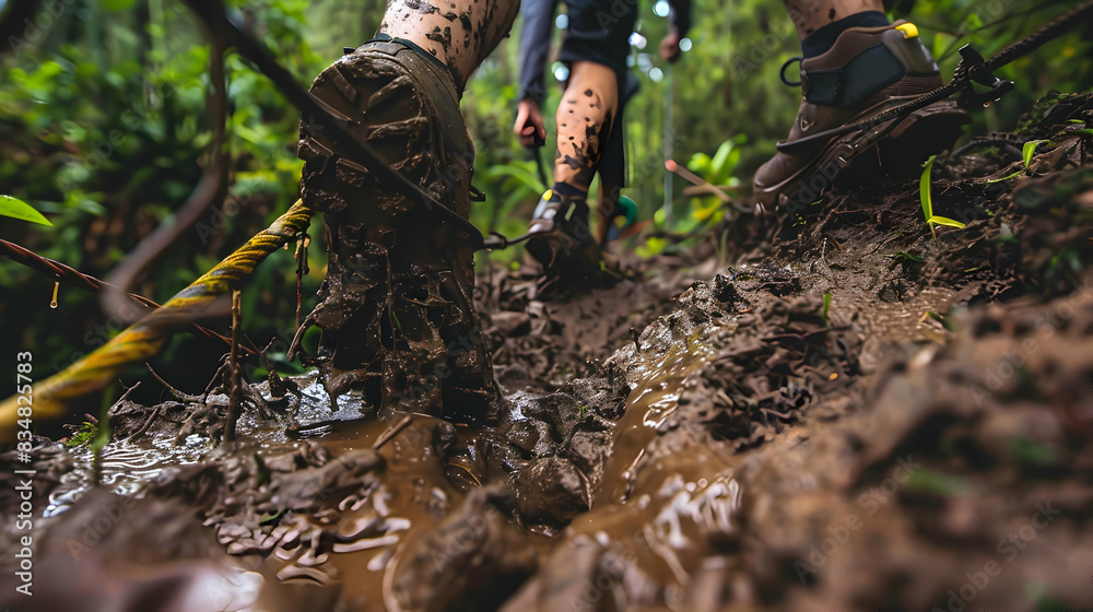 Engaging job poster for an obstacle event company, set against a scenic trail terrain with muddy patches, participants showcasing strength and determination while navigating through challenging Engaging job poster for an obstacle event company, set against a scenic trail terrain with muddy patches, participants showcasing strength and determination while navigating through challenging