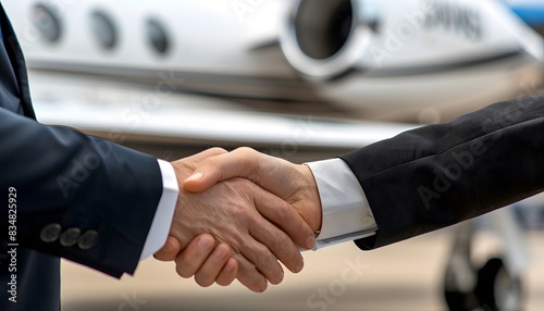 Close up of two business people shaking hands in front of a private jet