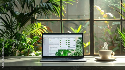A sleek laptop with a blog dashboard, thriving green plants, and coffee in a sunlit, serene workspace.