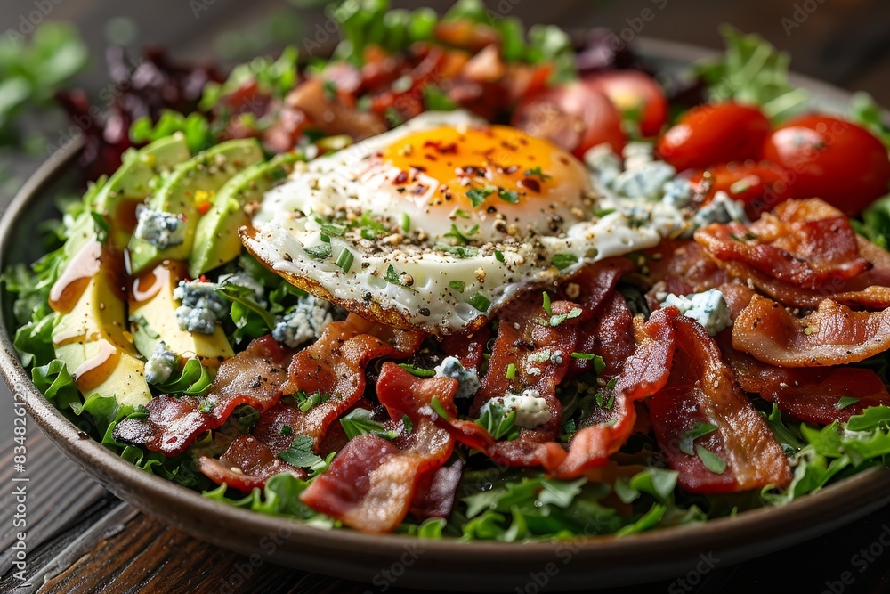 Cobb Salad - Cobb salad with rows of bacon, egg, avocado, and blue cheese. Cobb Salad - Cobb salad with rows of bacon, egg, avocado, and blue cheese.