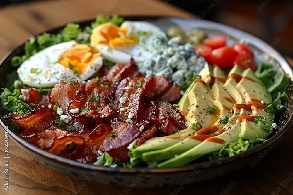 Cobb Salad - Cobb salad with rows of bacon, egg, avocado, and blue cheese. Cobb Salad - Cobb salad with rows of bacon, egg, avocado, and blue cheese.