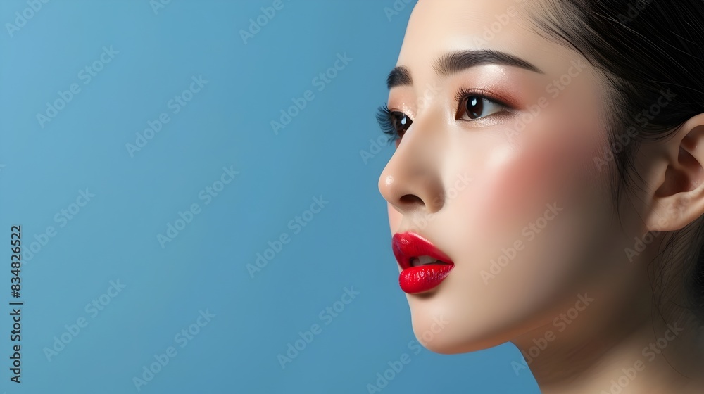 Fototapeta premium Elegant Japanese Model Showcasing Professional Makeup and Decorative Cosmetics