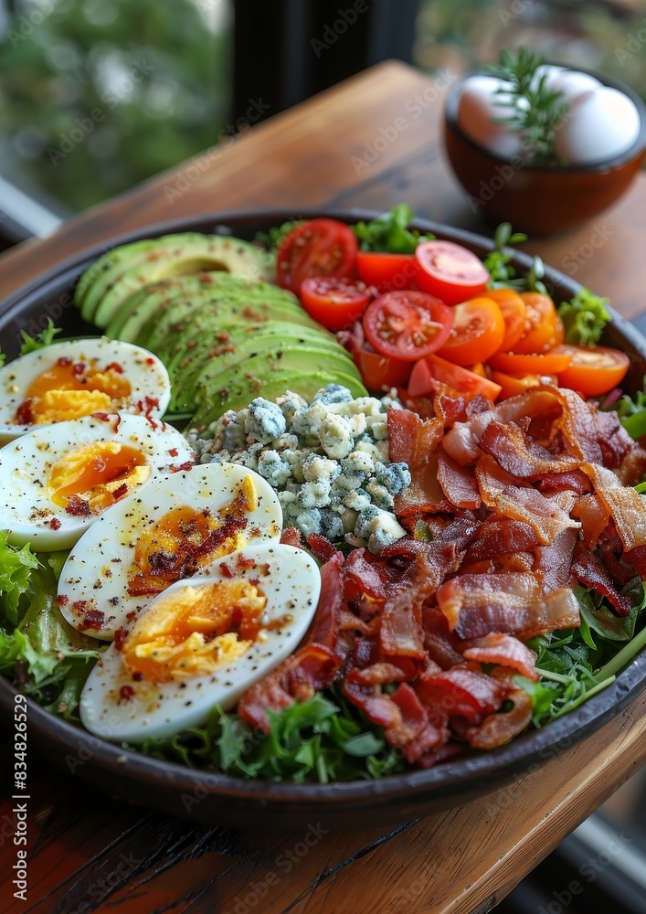 Cobb Salad - Cobb salad with rows of bacon, egg, avocado, and blue cheese. Cobb Salad - Cobb salad with rows of bacon, egg, avocado, and blue cheese.
