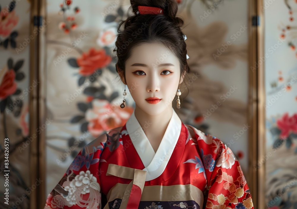 Portrait of a young woman in traditional Korean dress, or hanbok Portrait of a young woman in traditional Korean dress, or hanbok