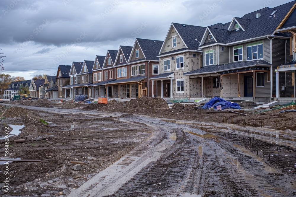  A row of residential houses being built in a housing development area construction site