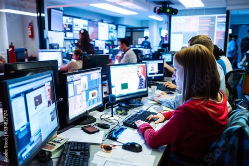 Journalists work diligently in a busy newsroom, focused on computer screens while editing and producing stories