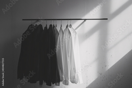 Black and white shirts hanging on a clothes rack in a minimalist and neatly organized manner with sunlight casting shadows on the wall creating a serene and orderly visual photo