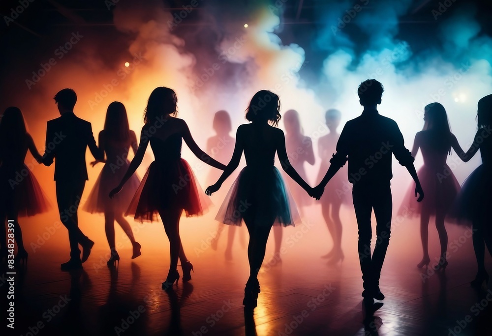 Fototapeta premium Crowded prom dance floor at night featuring a diverse collection of teenage revelers dancing in silhouette under a dramatic, colorful lighting setup and hazy smoke effects. 