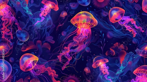 glowing jellyfish and algae on underwater neon wallpaper © Elman