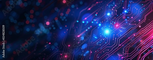 Abstract futuristic background with glowing digital data and circuit board elements on a dark blue background