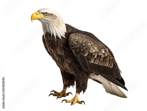 a bald eagle standing on a white background