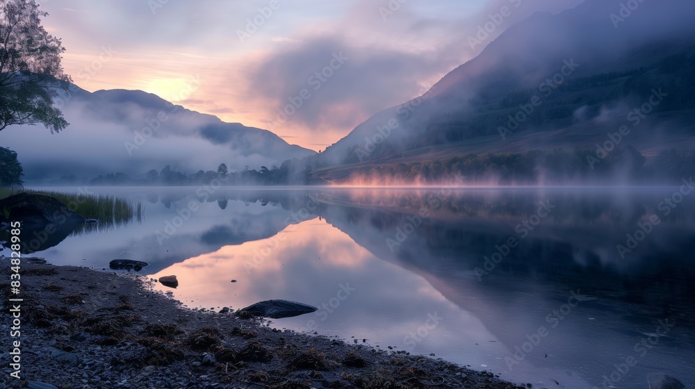 A peaceful dawn at a lakeside with mist and mountains reflecting first light. Birds chirp in the serene morning. A peaceful dawn at a lakeside with mist and mountains reflecting first light. Birds chirp in the serene morning.
