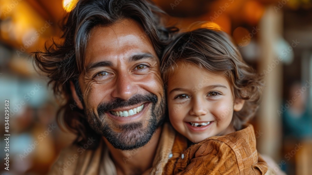 A father smiles warmly at the camera, embracing his young son, portraying a tender moment A father smiles warmly at the camera, embracing his young son, portraying a tender moment