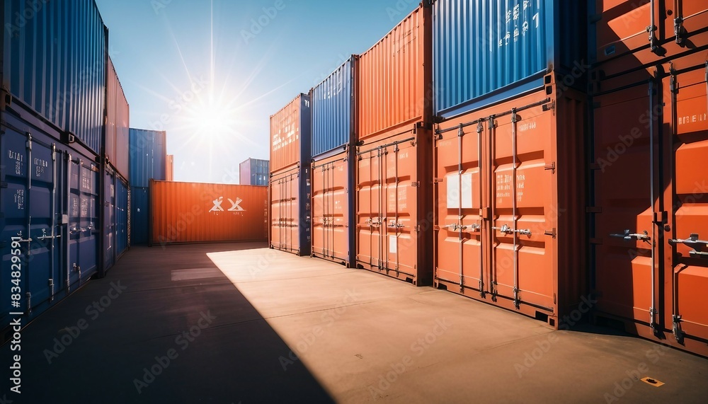 Fototapeta premium sunlight coming through cargo containers in a commercial harbour 