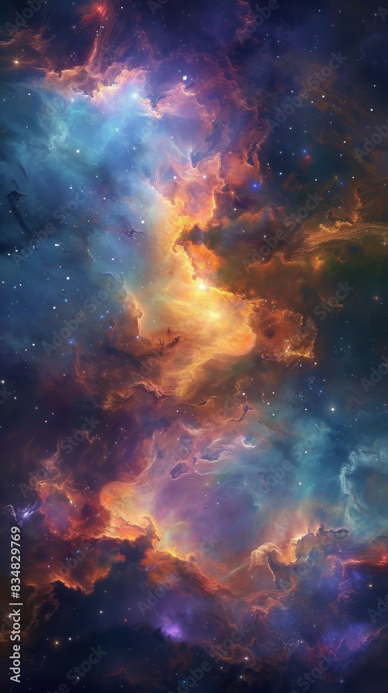 A captivating nebula with vibrant hues of blue, purple, and orange. The swirling clouds of gas and dust are illuminated by starlight, creating a dynamic and breathtaking cosmic display. A captivating nebula with vibrant hues of blue, purple, and orange. The swirling clouds of gas and dust are illuminated by starlight, creating a dynamic and breathtaking cosmic display.