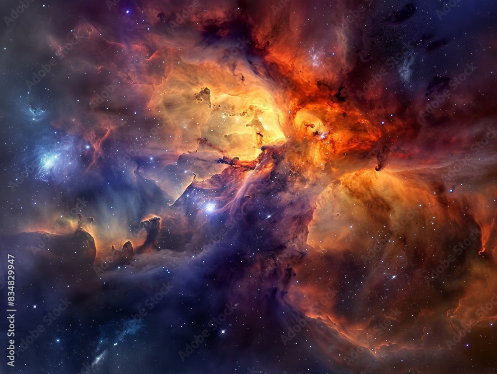 A stunning nebula with a vibrant mix of orange, purple, and blue hues. The swirling clouds of gas and dust are illuminated by starlight, creating a dynamic and captivating cosmic scene. A stunning nebula with a vibrant mix of orange, purple, and blue hues. The swirling clouds of gas and dust are illuminated by starlight, creating a dynamic and captivating cosmic scene.