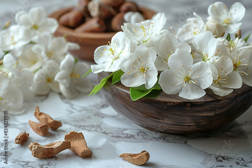 Fresh jasmine flowers and sandalwood pieces displayed elegantly on a marble surface