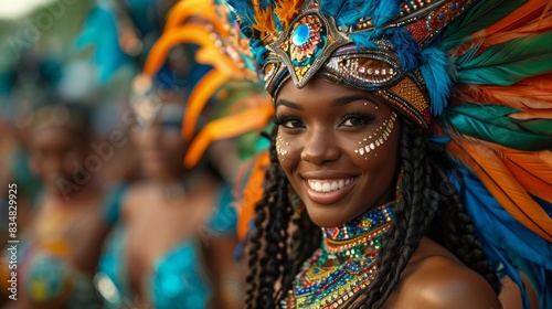 An exuberant carnival-goer in a stunningly colorful feathered headdress beams joyously, epitomizing celebration and culture
