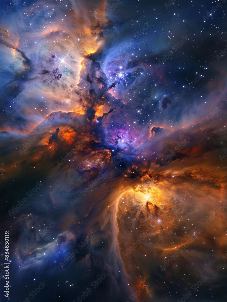 This image captures a dazzling nebula with vibrant swirls of blue, orange, and purple gas and dust. The illuminated regions and scattered stars create a mesmerizing and dynamic cosmic scene. This image captures a dazzling nebula with vibrant swirls of blue, orange, and purple gas and dust. The illuminated regions and scattered stars create a mesmerizing and dynamic cosmic scene.