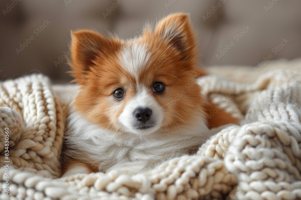 Funny fluffy cute puppy on a blanket Funny fluffy cute puppy on a blanket