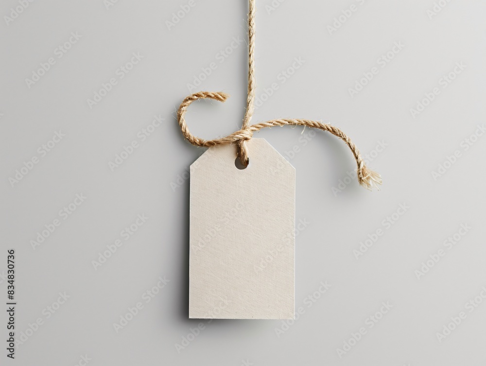 Empty label dangles from cord on grey surface Empty label dangles from cord on grey surface