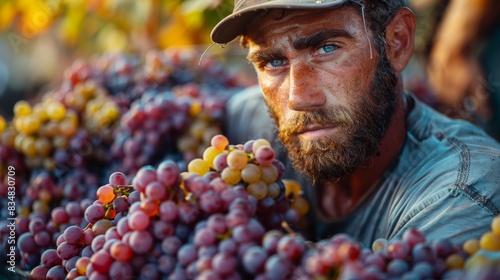 A worker is shown amidst clusters of ripe grapes, implying labor and the fruits of harvest during a warmly lit sunset