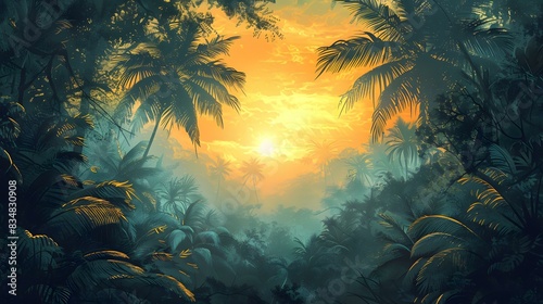 The sun rises over a lush tropical rainforest