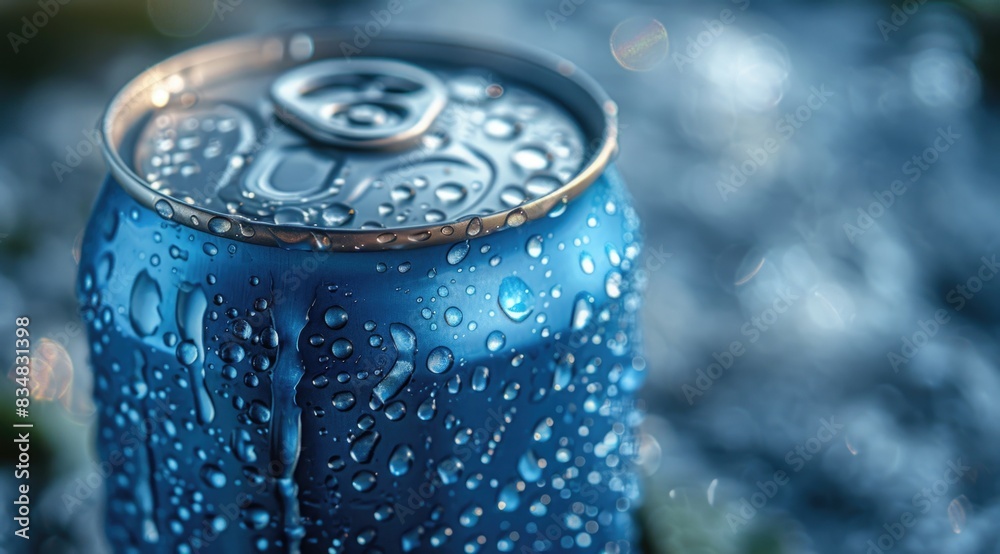 Blue aluminum can covered in condensation Blue aluminum can covered in condensation