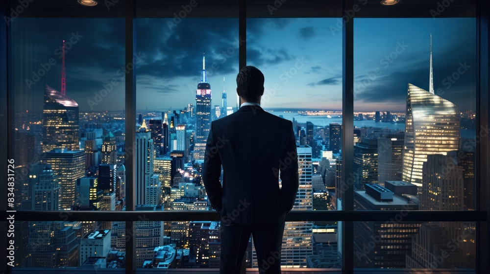 a businessman in a suit looking out a window at a bustling cityscape a businessman in a suit looking out a window at a bustling cityscape