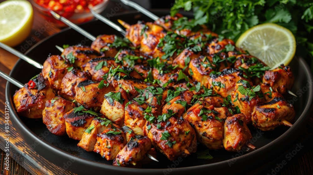 Close-up of grilled chicken skewers on a black plate, garnished with parsley. Close-up of grilled chicken skewers on a black plate, garnished with parsley.