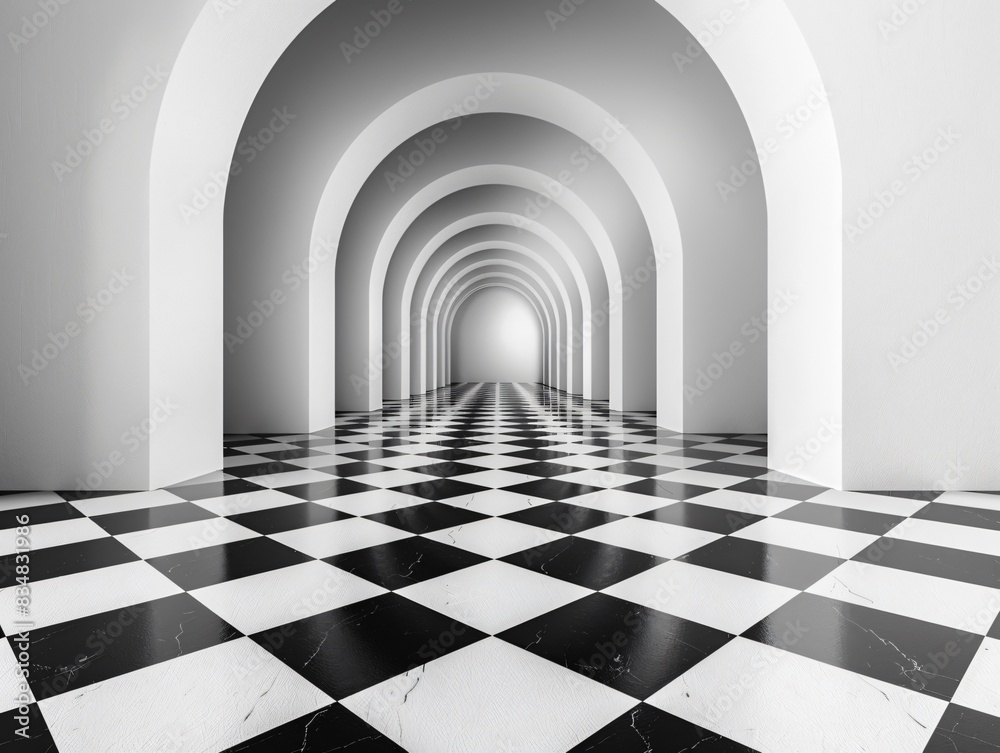 Naklejka premium Dim hallway, black white checkered floor, arches