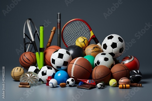 A group of sports equipment on light grey background