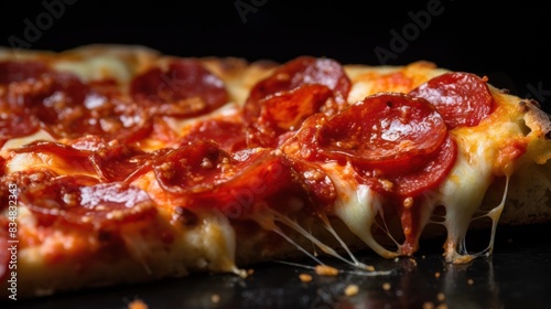  a close-up of a pizza slice, showing the gooey cheese, the crispy pepperoni, 