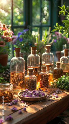 Perfume workshop setting with various natural ingredients, beakers, and glass jars filled with botanicals