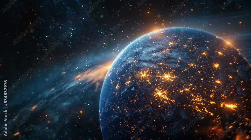 Fototapeta premium The image shows a beautiful view of Earth from space. The Earth is surrounded by a glowing atmosphere.