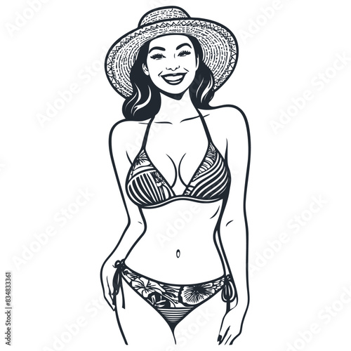 Smiling woman in swimsuit and beach hat, vector illustration