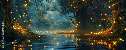 Fantasy magical swamp with trees and glowing fireflies