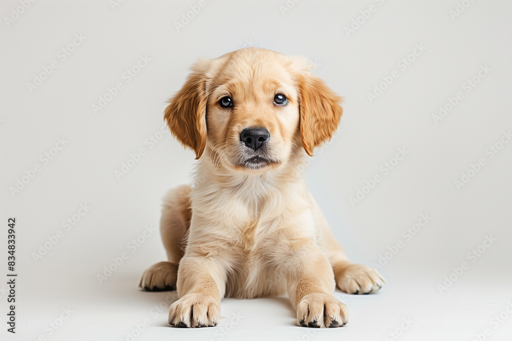 A Golden Retriever puppy lies joyfully on the floor, looking directly at the camera in this full-body image.