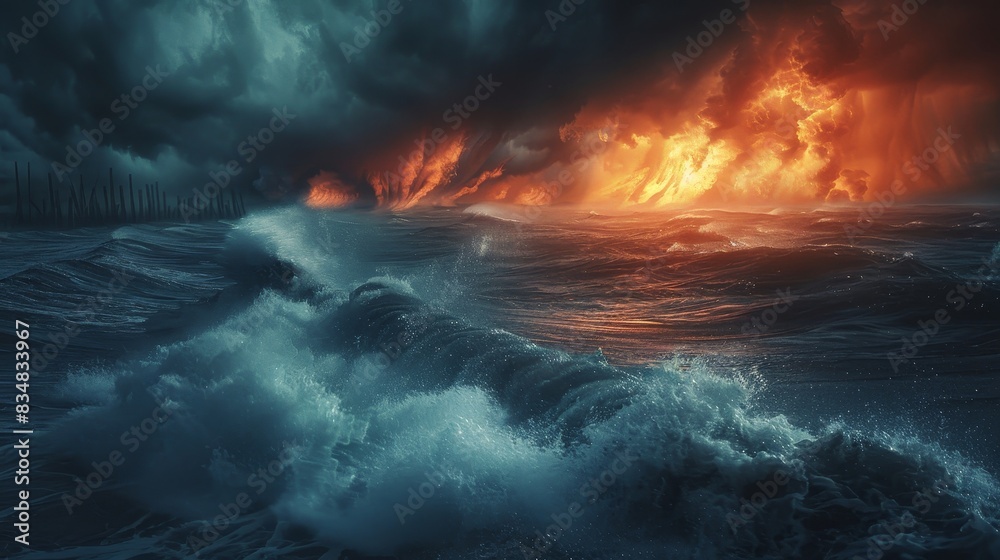 The image shows a stormy sea with a large ship on fire.